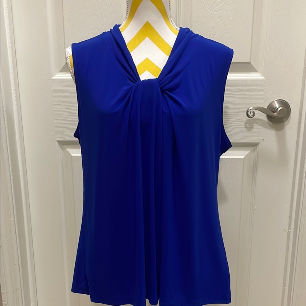Kasper Blue Blouse with V-Neck and Ruching